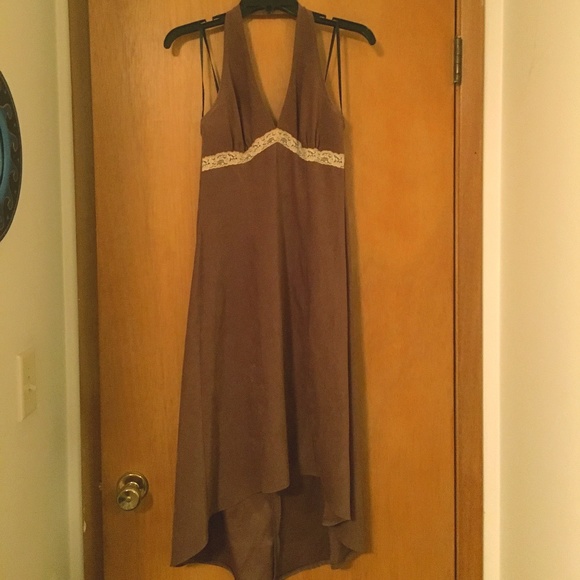 Vintage Dresses & Skirts - Vintage '90s Brown Halter Lace Trim Hi-Low Dress 6